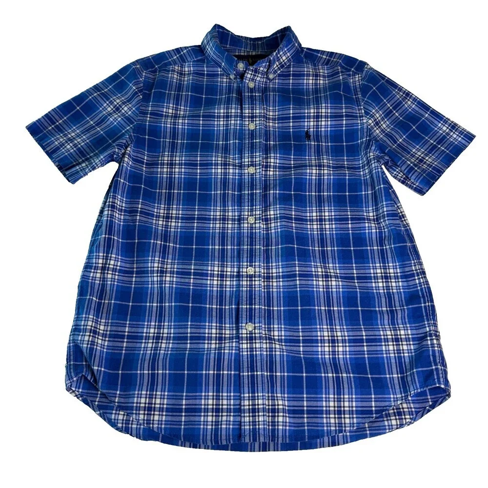 Ralph Lauren Boys Blue Plaid Short Sleeve Button Down Shirt Size L 14-16 Cotton